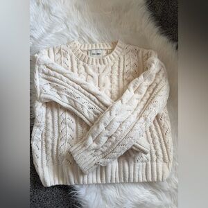 Pink Rose Cable Knit Scoop Neck Sweater - Cream